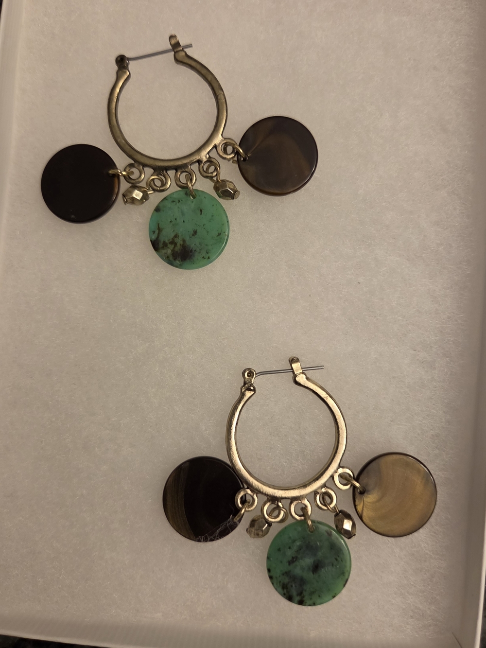Gold Hoop Earrings with Green and Brown Disc Charms